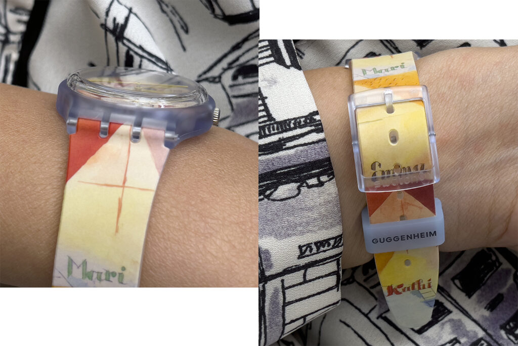 黄色时针、分针及加长秒针清楚指示时间，且得益于饰有多彩印花的特殊日历转轮，12点位置窗口的景象每日微妙变换色彩。