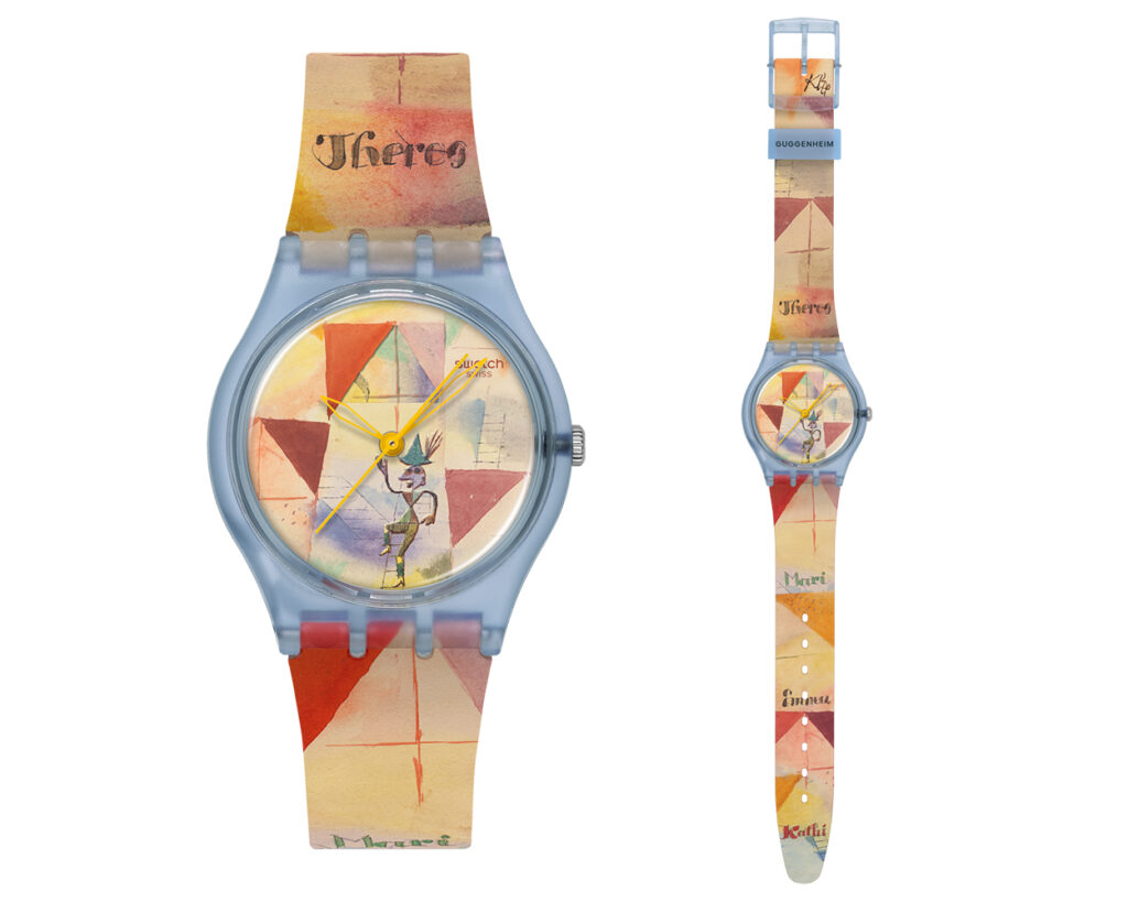 Swatch x Guggenheim 系列腕表配备哑光透明浅蓝色生物源材质 (biosourced) 表壳，搭配生物源材质表镜。表盘与哑光透明表带饰有保罗·克利 (Paul Klee) 艺术作品《The Bavarian Don Giovanni》的印花。