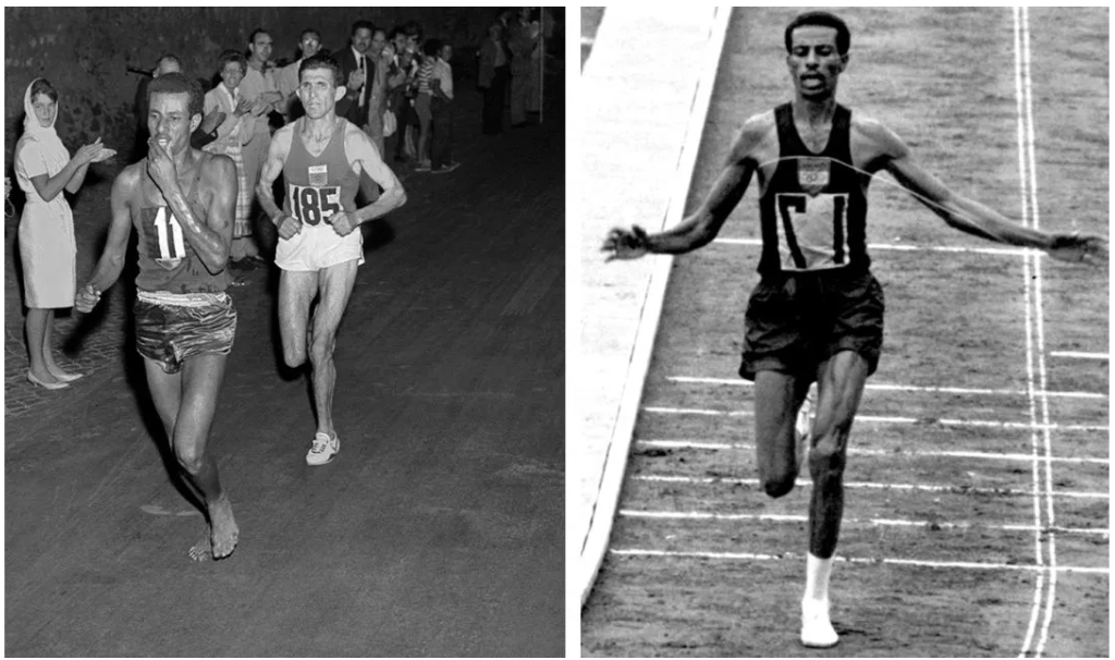 1961年，习惯赤脚奔跑的传奇运动员Abebe Bikila首次穿鬼塚虎跑鞋，成功夺得了日本国际马拉松的冠军。