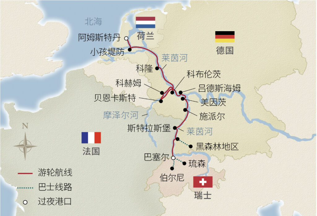 维京游轮15日莱茵与摩泽尔河宝藏之旅航线图