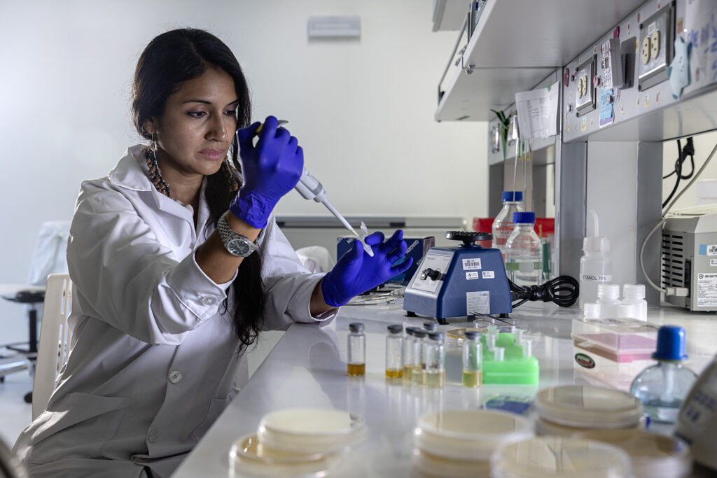 化学生物学家兼保育专家罗莎·巴斯克斯·埃斯皮诺萨(Rosa Vásquez Espinoza)于秘鲁应用科学大学(Peruvian University of Applied Sciences，简称UPCH)实验室内开展实验。其研究 将化学生物学、生态实地考察与原住民知识相结合，促成了一项 开创性的重要法案，以保障无刺蜂的生存权。